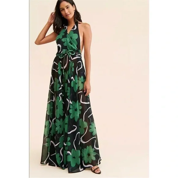 anthropologie green halter dress Anthropologie Green Printed Halter Dress Size Small